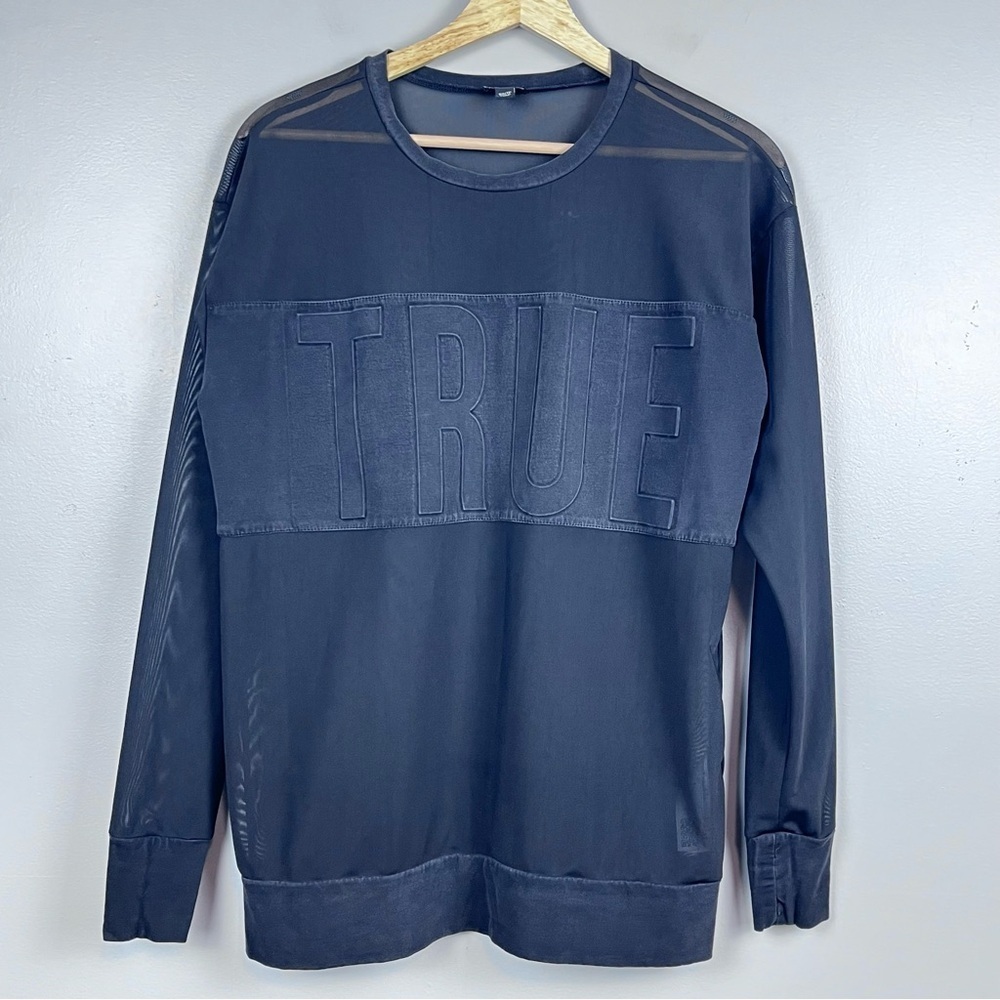 True Religion Women's Long Sleeve Black Sheer Spell Out Mesh Panel Top Size XS